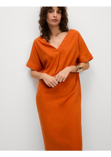 Keten Karışımlı V Yaka Midi Elbise