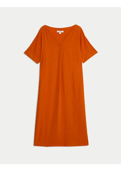 Keten Karışımlı V Yaka Midi Elbise