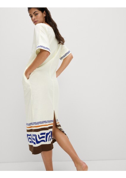 Keten Karışımlı Desenli V Yaka Elbise