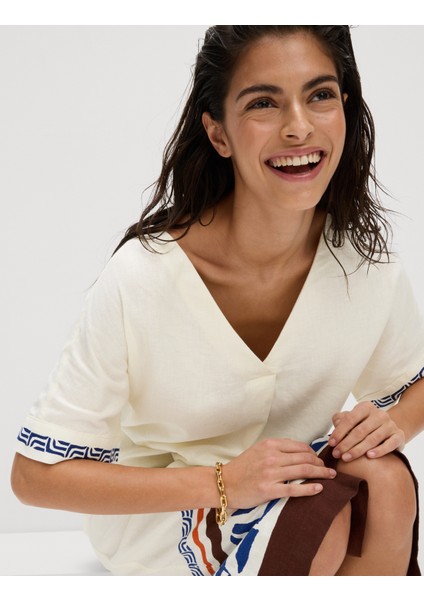 Keten Karışımlı Desenli V Yaka Elbise