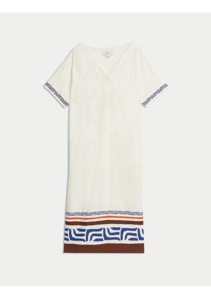 Keten Karışımlı Desenli V Yaka Elbise