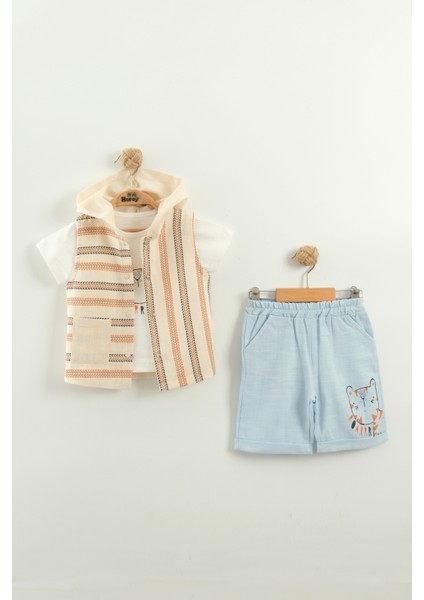 Erkek Bebek Çizgili Tişört, Şort ve Yelek 3’lü Takım (9-12-18-24 Ay)