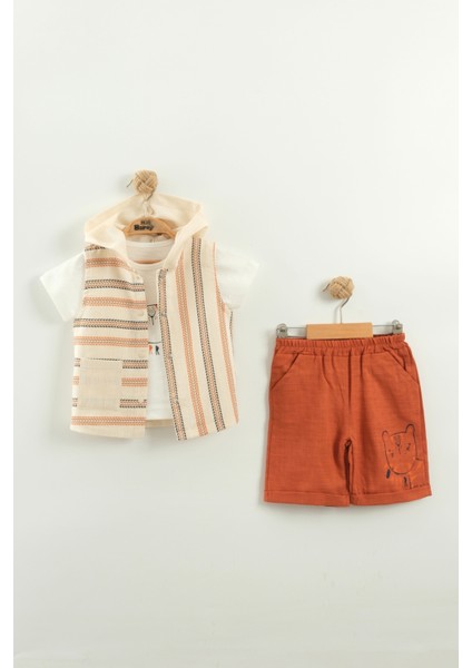 Erkek Bebek Çizgili Tişört, Şort ve Yelek 3’lü Takım (9-12-18-24 Ay)