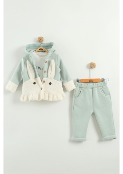 Kız Bebek Tavşan Kulak Kapüşonlu 3'lü Eşofman Takım (9-12-18 Ay)