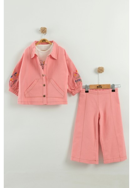 Kız Çocuk Çiçek Nakışlı Ceket ve Pantolon 3'lü Takım (2-3-4-5 Yaş)