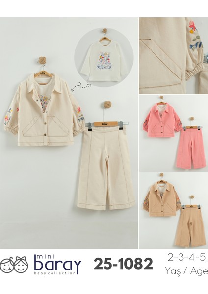 Kız Çocuk Çiçek Nakışlı Ceket ve Pantolon 3'lü Takım (2-3-4-5 Yaş) indirimleri