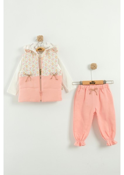 Kız Bebek Çiçek Desen Yelekli 3'lü Eşofman Takım (9-12-18 Ay)
