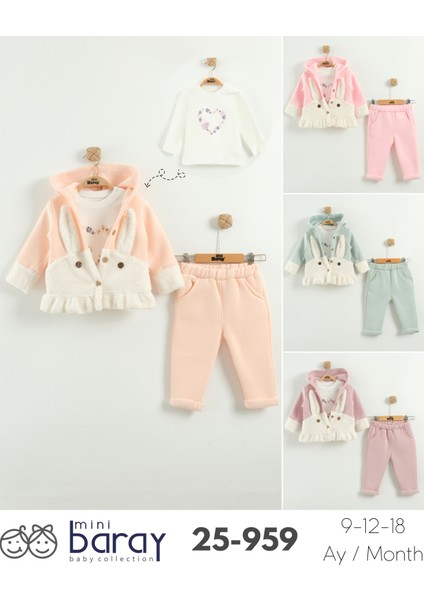 Kız Bebek Tavşan Kulak Kapüşonlu 3'lü Eşofman Takım (9-12-18 Ay) indirimleri