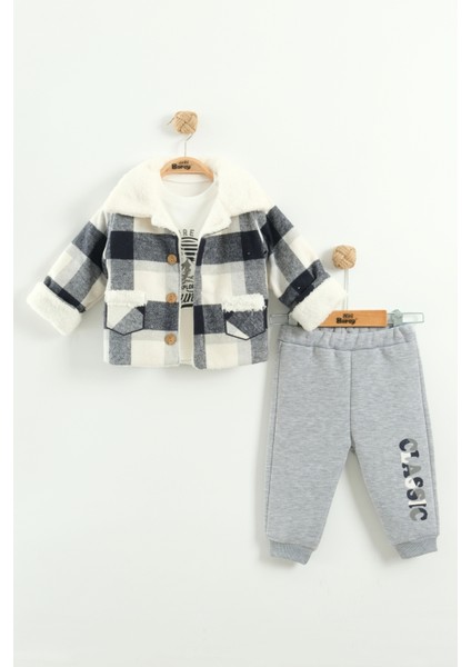 Erkek Bebek Sweatshirt, Pantolon ve Kareli Ceketli 3’lü Takım (9-12-18 Ay)