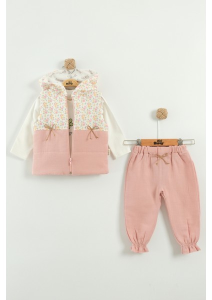 Kız Bebek Çiçek Desen Yelekli 3'lü Eşofman Takım (9-12-18 Ay)