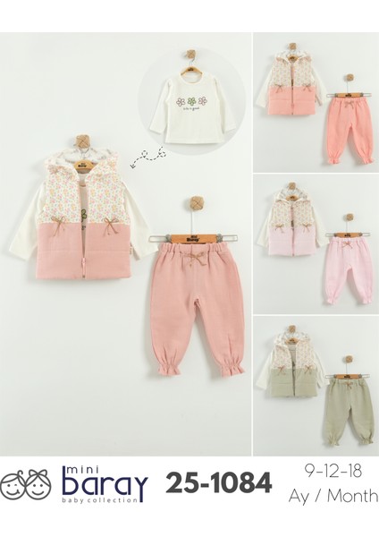 Kız Bebek Çiçek Desen Yelekli 3'lü Eşofman Takım (9-12-18 Ay) indirimleri