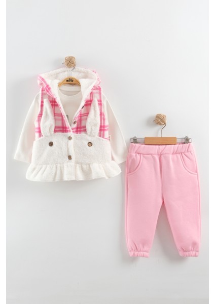 Kız Bebek Düğmeli Peluş Eşofman 3'lü Takım (9-12-18 Ay)