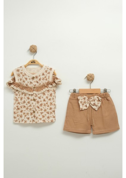 Kız Çocuk Çiçekli Bluz ve Fiyonklu Şort Takım (2-3-4-5 Yaş)