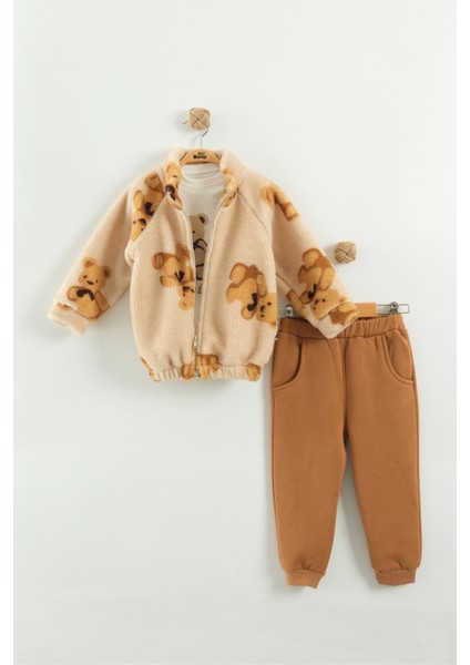 Kız Bebek Ayı Desen Peluş 3'lü Peluş Eşofman Takım (9-12-18 Ay)