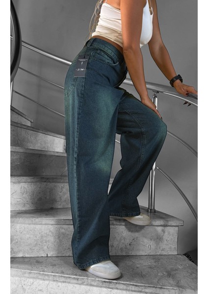 Eskitme Yıkama Unisex Baggy Jeans Pantolon Yeşil1