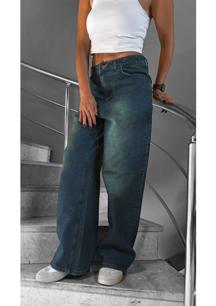 Eskitme Yıkama Unisex Baggy Jeans Pantolon Yeşil1 fiyatları