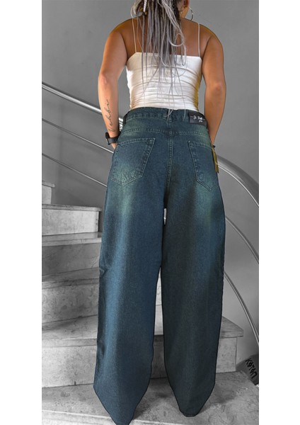 Eskitme Yıkama Unisex Baggy Jeans Pantolon Yeşil1 modelleri