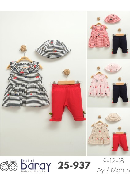 Kız Bebek Çizgili Elbise ve Pantolon Takım (Şapkalı) (9-12-18 Ay)