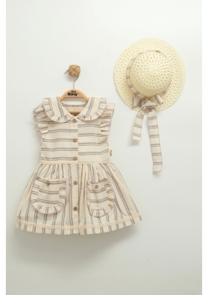 Kız Çocuk Fırfırlı Çizgili Elbise ve Şapka Takımı (1-2-3-4 Yaş)