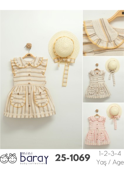 Kız Çocuk Fırfırlı Çizgili Elbise ve Şapka Takımı (1-2-3-4 Yaş) fiyatları