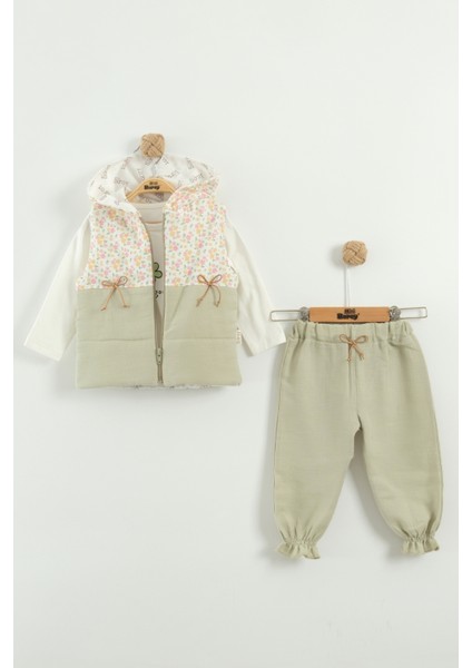Kız Bebek Çiçek Desen Yelekli 3'lü Eşofman Takım (9-12-18 Ay)