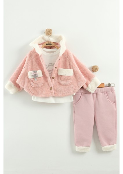 Kız Bebek Kurdele Cep Detaylı Kapüşonlu Peluş 3'lü Eşofman Takım (9-12-18 Ay)