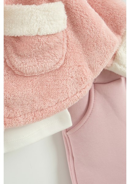 Kız Bebek Kurdele Cep Detaylı Kapüşonlu Peluş 3'lü Eşofman Takım (9-12-18 Ay) fiyatları