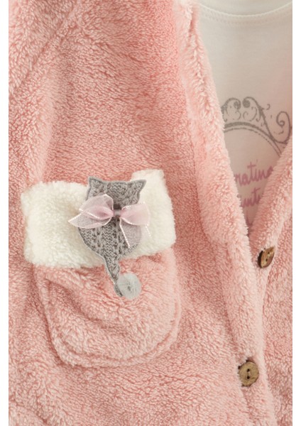 Kız Bebek Kurdele Cep Detaylı Kapüşonlu Peluş 3'lü Eşofman Takım (9-12-18 Ay) modelleri