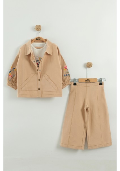 Kız Çocuk Çiçek Nakışlı Ceket ve Pantolon 3'lü Takım (2-3-4-5 Yaş)