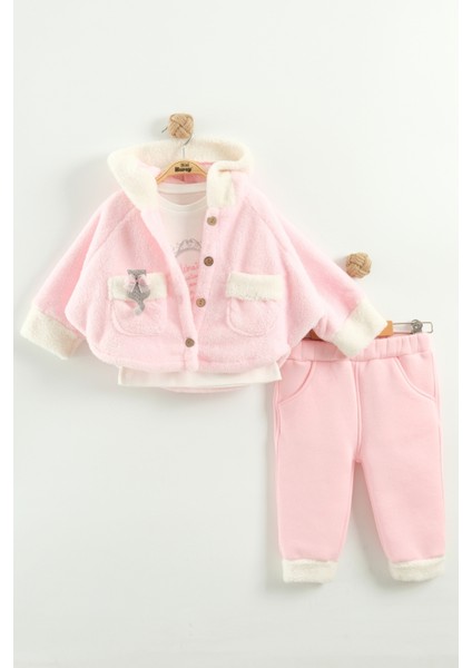 Kız Bebek Kurdele Cep Detaylı Kapüşonlu Peluş 3'lü Eşofman Takım (9-12-18 Ay)