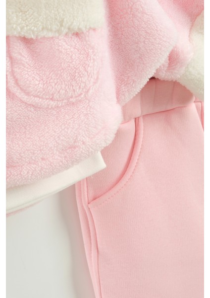 Kız Bebek Kurdele Cep Detaylı Kapüşonlu Peluş 3'lü Eşofman Takım (9-12-18 Ay) fiyatları