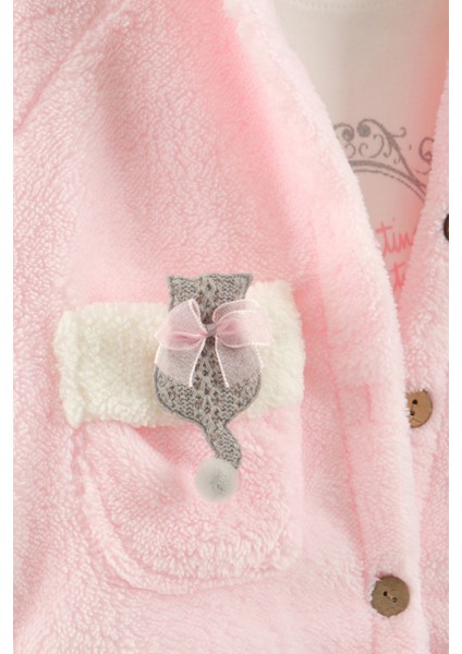 Kız Bebek Kurdele Cep Detaylı Kapüşonlu Peluş 3'lü Eşofman Takım (9-12-18 Ay) modelleri