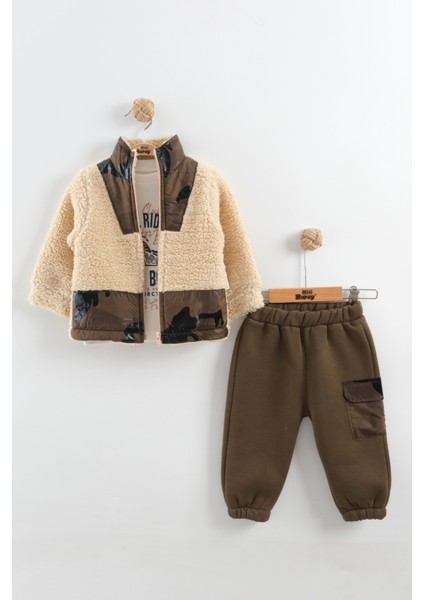 Erkek Bebek Kamuflaj Desen Peluş Eşofman 3'lü Takım (9-12-18 Ay)