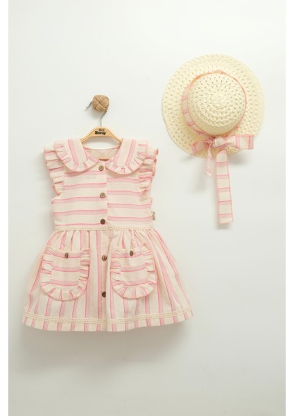 Kız Çocuk Fırfırlı Çizgili Elbise ve Şapka Takımı (1-2-3-4 Yaş)