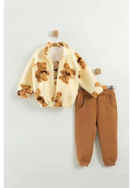 Kız Çocuk Ayı Desen Peluş 3'lü Peluş Eşofman Takım (2-3-4 Yaş)