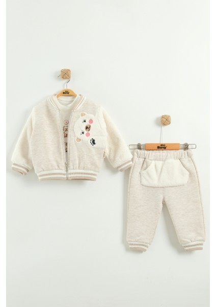 Bebek Nakış Detaylı Sweatshirt, Pantolon ve Ceket 3’lü Takım (9-12-18 Ay)