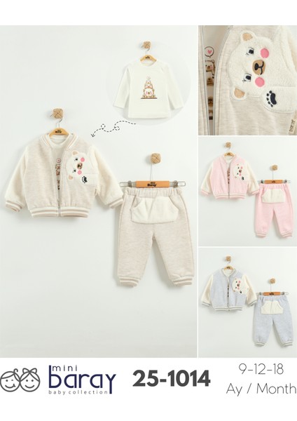Bebek Nakış Detaylı Sweatshirt, Pantolon ve Ceket 3’lü Takım (9-12-18 Ay) indirimleri