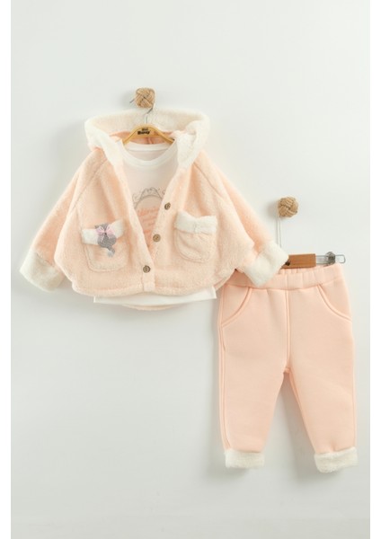 Kız Bebek Kurdele Cep Detaylı Kapüşonlu Peluş 3'lü Eşofman Takım (9-12-18 Ay)