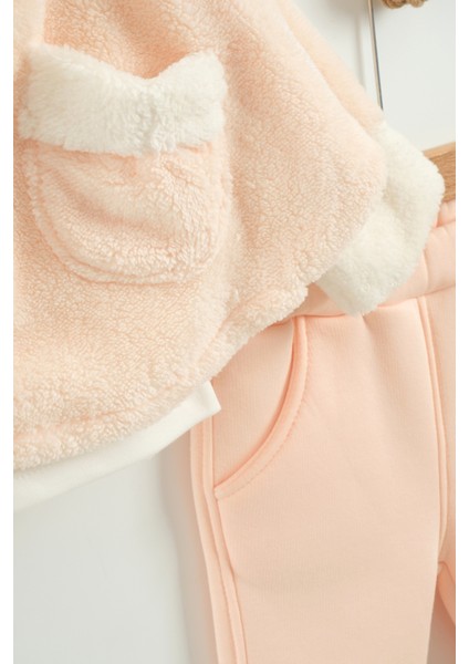 Kız Bebek Kurdele Cep Detaylı Kapüşonlu Peluş 3'lü Eşofman Takım (9-12-18 Ay) fiyatları