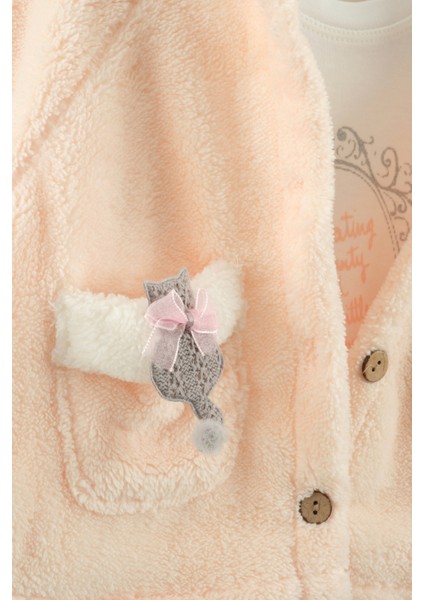 Kız Bebek Kurdele Cep Detaylı Kapüşonlu Peluş 3'lü Eşofman Takım (9-12-18 Ay) modelleri