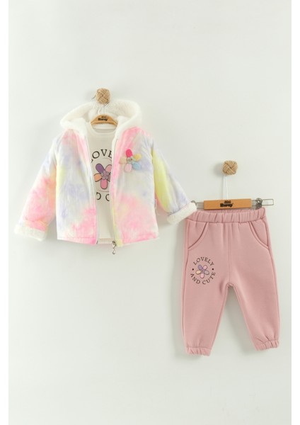 Kız Bebek Baskılı Sweatshirt, Pantolon ve Ceket 3'lü Takım (9-12-18 Ay)