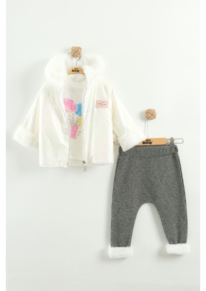 Kız Bebek Baskılı Sweatshirt, Pantolon ve Ceket 3'lü Takım (9-12-18 Ay)