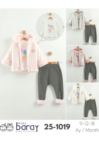 Kız Bebek Baskılı Sweatshirt, Pantolon ve Ceket 3'lü Takım (9-12-18 Ay) indirimleri