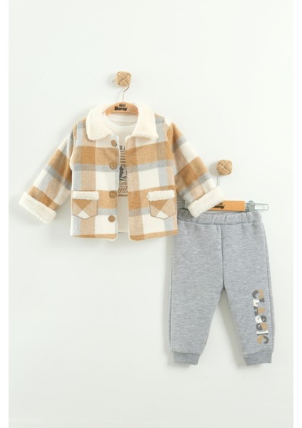 Erkek Bebek Sweatshirt, Pantolon ve Kareli Ceketli 3’lü Takım (9-12-18 Ay)