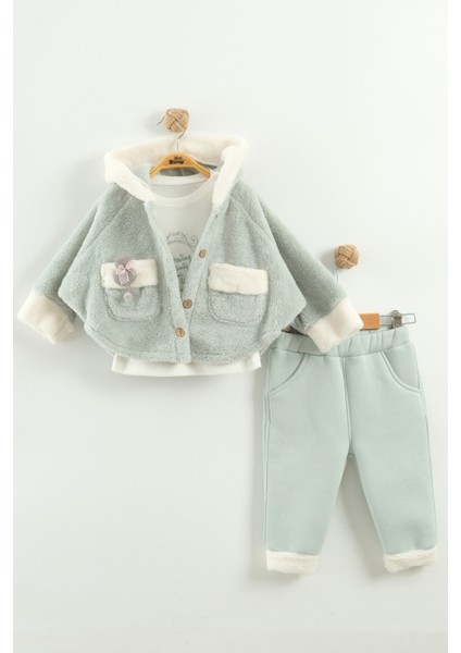 Kız Bebek Kurdele Cep Detaylı Kapüşonlu Peluş 3'lü Eşofman Takım (9-12-18 Ay)