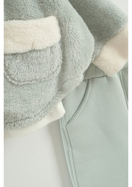 Kız Bebek Kurdele Cep Detaylı Kapüşonlu Peluş 3'lü Eşofman Takım (9-12-18 Ay) fiyatları