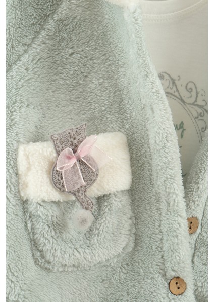 Kız Bebek Kurdele Cep Detaylı Kapüşonlu Peluş 3'lü Eşofman Takım (9-12-18 Ay) modelleri