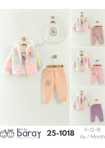 Kız Bebek Baskılı Sweatshirt, Pantolon ve Ceket 3'lü Takım (9-12-18 Ay)