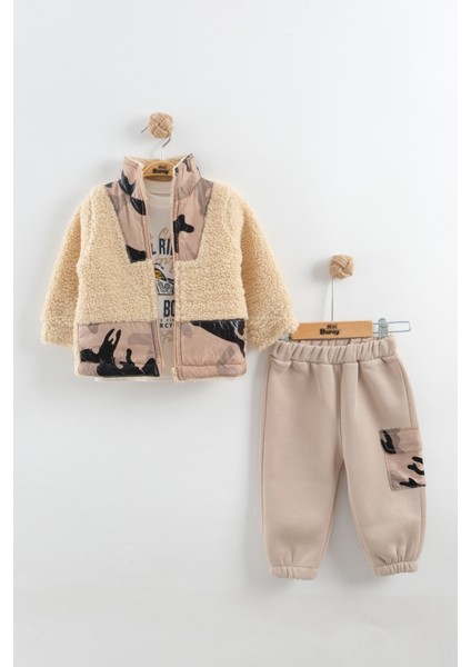 Erkek Bebek Kamuflaj Desen Peluş Eşofman 3'lü Takım (9-12-18 Ay)