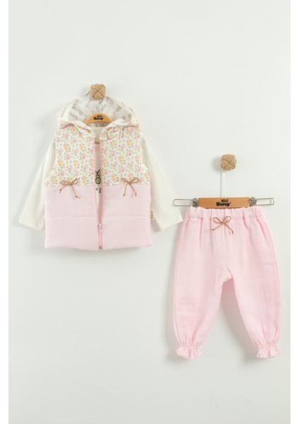 Kız Bebek Çiçek Desen Yelekli 3'lü Eşofman Takım (9-12-18 Ay)